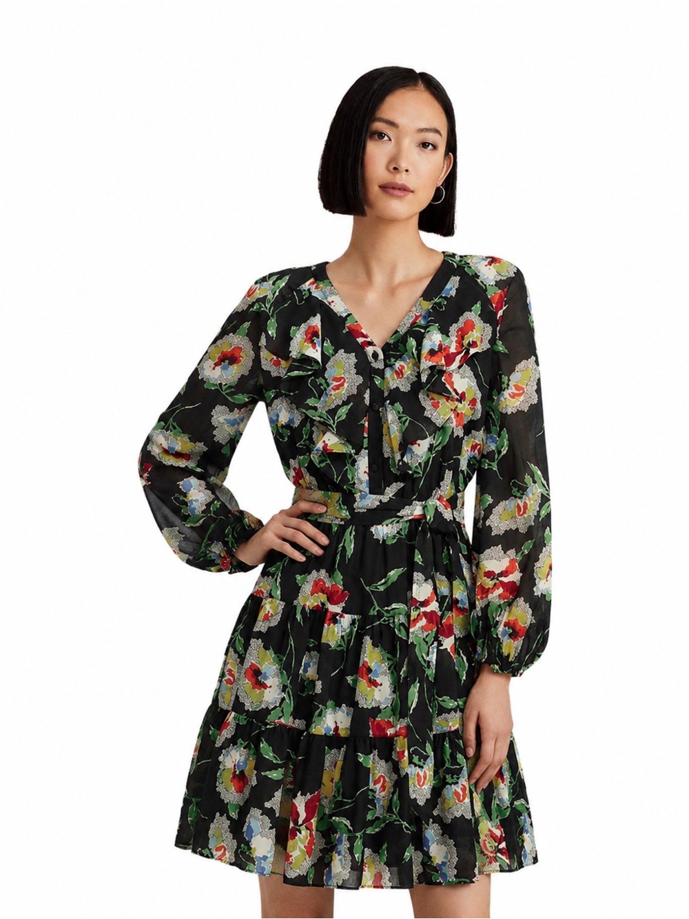 Lauren Ralph Lauren Tiered 100% Cotton Voile Dress in Black Floral Sz 6